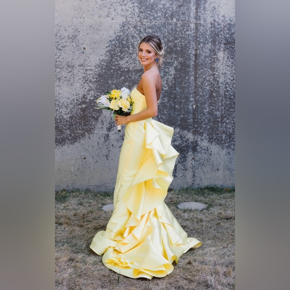 yellow two piece maxi dress Happy Holidays Ruffle Two-Piece Dress in Yellow Yellow / L